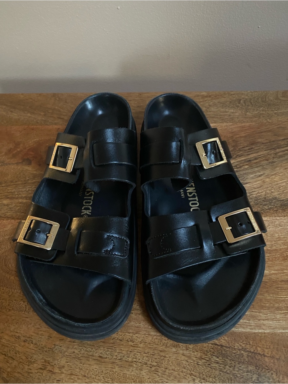 Birkenstock St Barths Black Leather Double Two-Strap Sandals with Gold Buckles - Picture 9 of 16